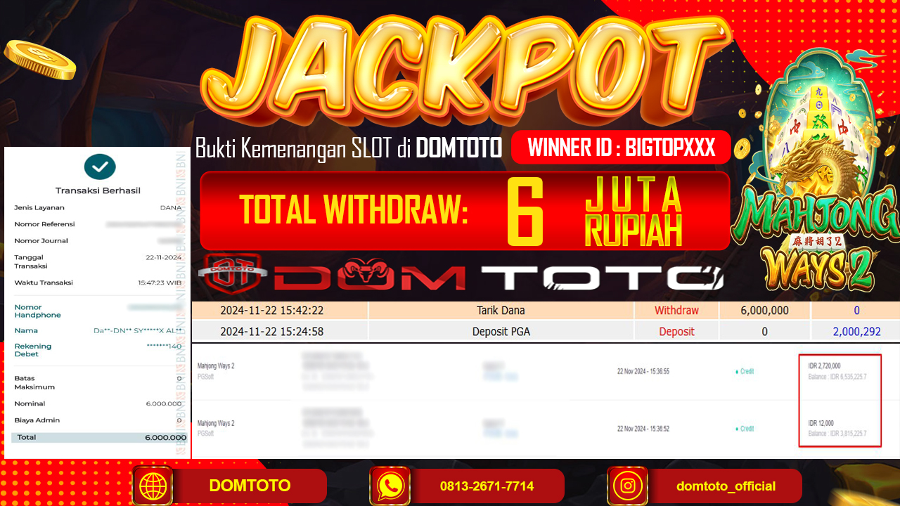 JACKPOT  SLOT MAHJONG WAYS 2 22 NOVEMBER 2024